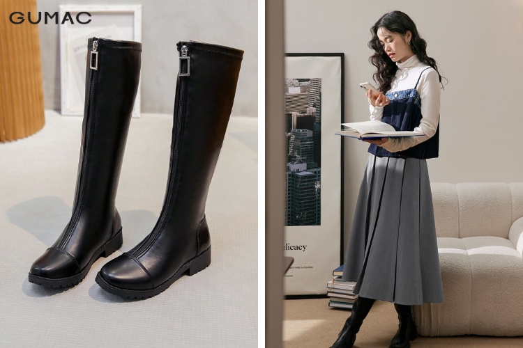 Phối váy rời dập ly với boots cổ cao cá tính